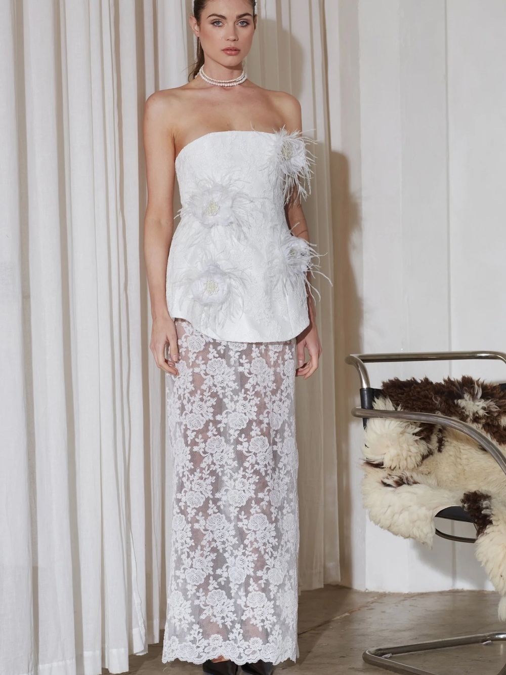 Delfi Collective White Lace and Feather Party Dress